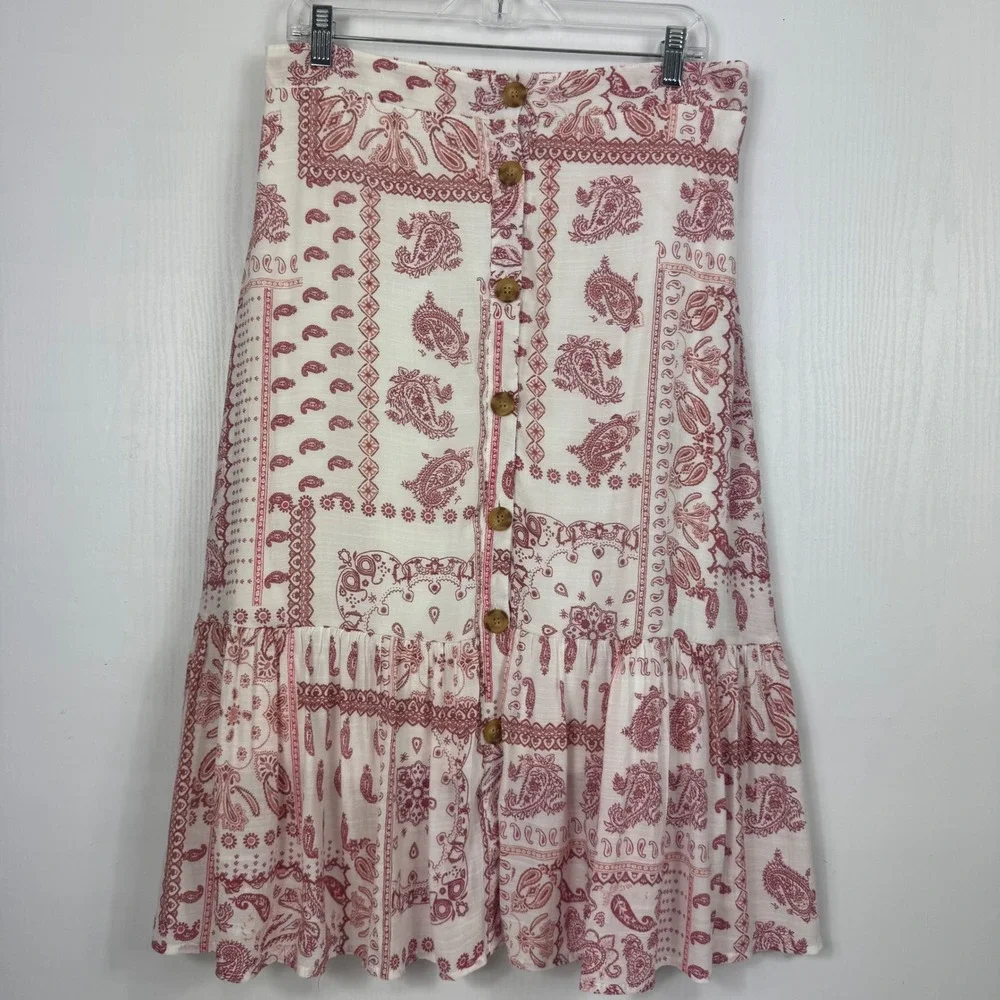 Mlle Gabrielle Red White Paisley Bandana Button Front Ruffle Midi Skirt Size L - Picture 2 of 12
